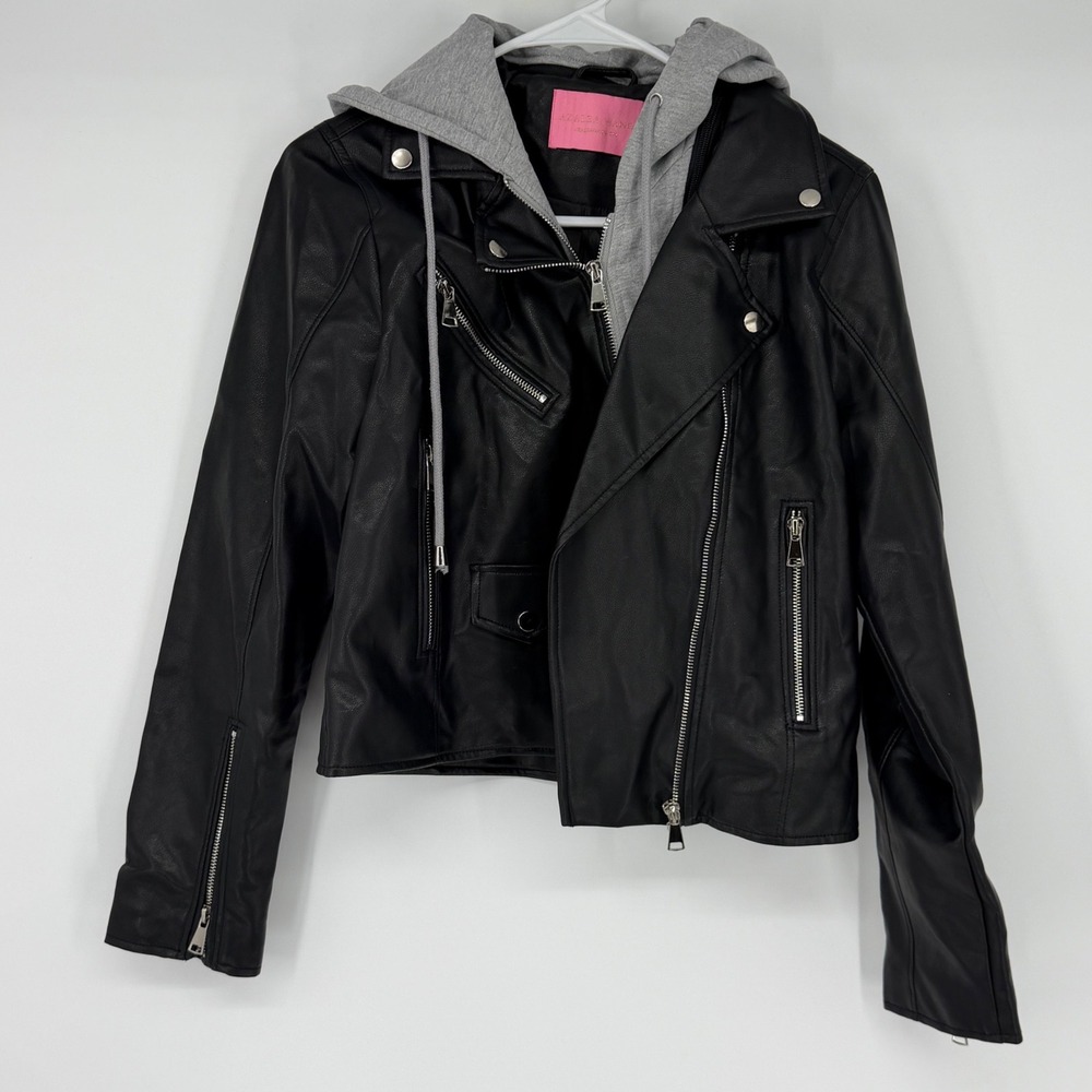 Azalea‎ Wang Black Faux Leather Hooded Moto Biker Jacket BISBONE Size M